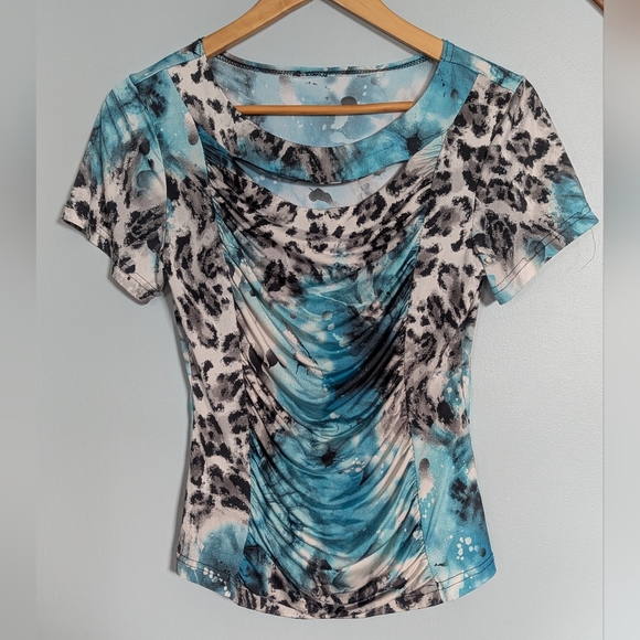 Tops - Y2K Blue & Black‎ Leopard Print Ruched Women's Small Shirt